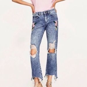 Zara floral embroidered ripped boyfriend jean